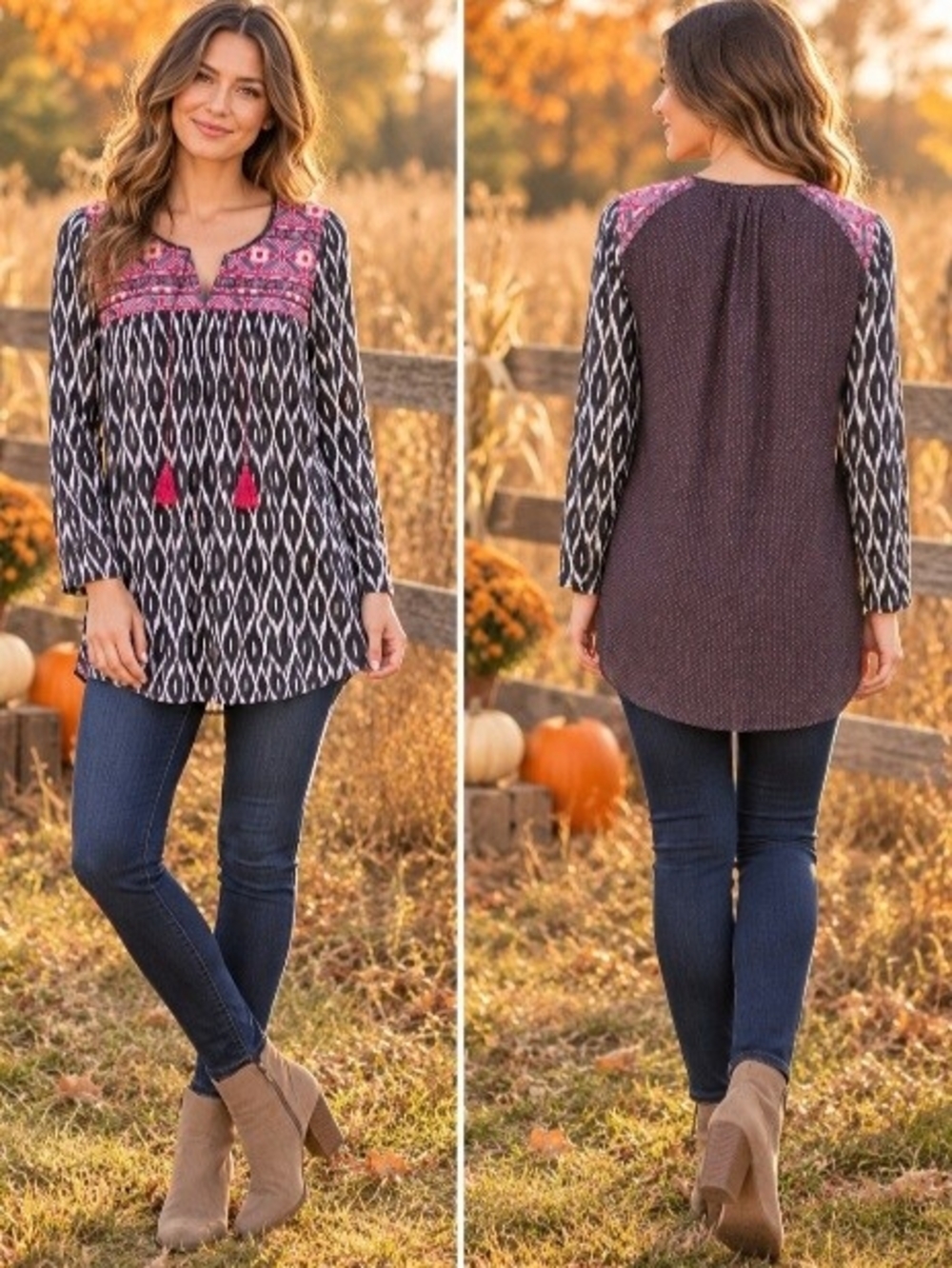 Anthropologie Black and Pink Ikat-Print Tunic with Embroidered Yoke